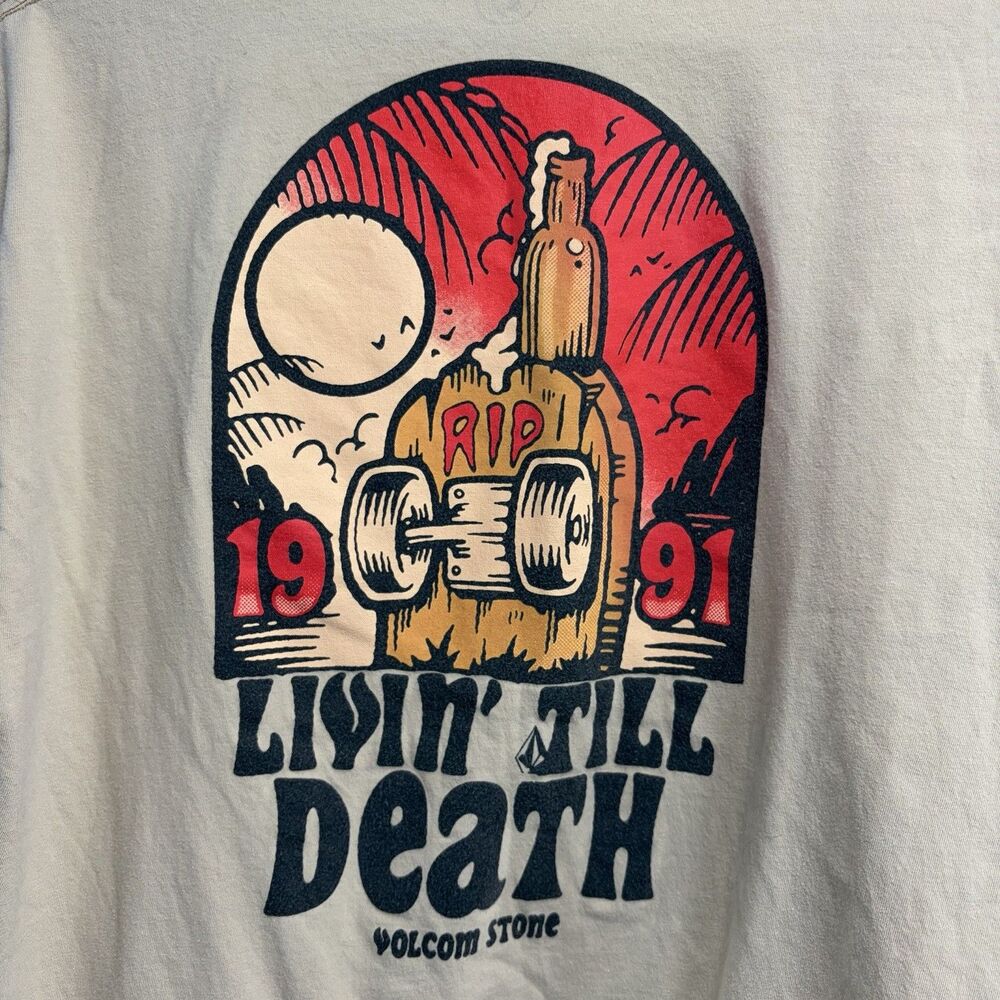 Volcom Stone Mens T Shirt Large Beige Livin Till Death Graphic Tee Skateboard S8